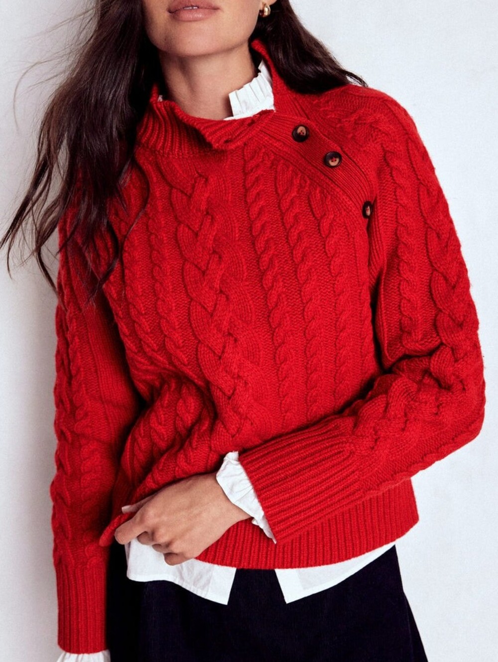 Boden Red Cable-Knit Button-Shoulder Wool Sweater Size Small